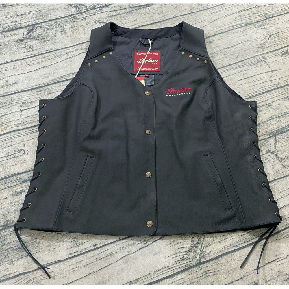 Indian Motorcycle Womens 3W Black Leather Lace-Up Studded Biker Vest Logo